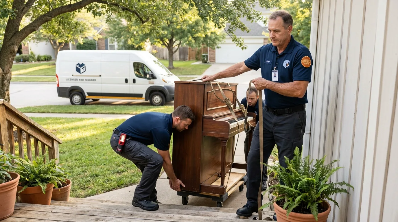 Licensed piano movers securing grand piano in Malden, MO